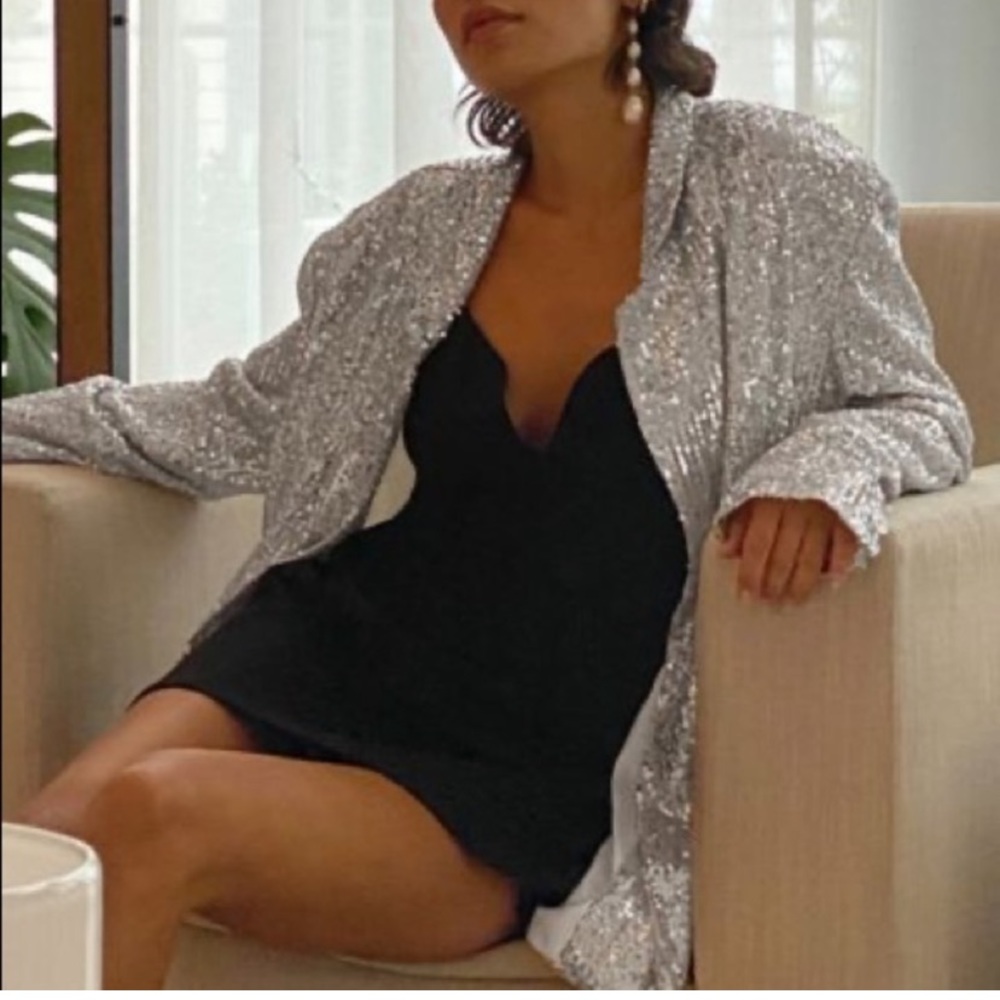 Urban Outfitters Elena Metallic Silver Sequin Blazer